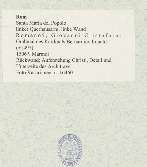 Rückseite von Vasari [https://www.deutsche-digitale-bibliothek.de/content/lizenzen/rv-ez/] Grabmal des Kardinals Bernardino Lonato (+1497)Rückwand: Auferstehung Christi - Detail und Unterseite des Architravs, bh478043_recto. Foto.