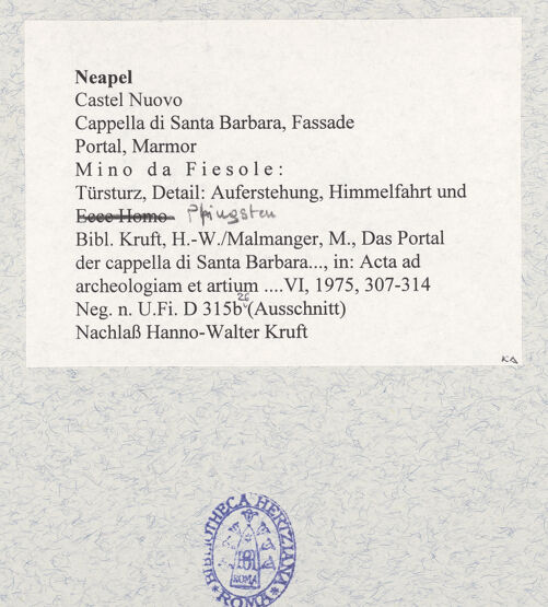 Rückseite von Bibliotheca Hertziana [https://www.deutsche-digitale-bibliothek.de/content/lizenzen/rv-fz/] PortaldekorationVerkündigung, Christi Geburt, Anbetung, Auferstehung, Himmelfahrt,  Pfingsten und Marientod - Detail: Auferstehung, Himmelfahrt und Pfingsten, bh480083_recto. Foto: Kruft, Hanno-Walter.