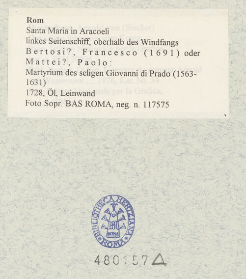 Rückseite von Sopr. BAS ROMA [https://www.deutsche-digitale-bibliothek.de/content/lizenzen/rv-ez/] Martyrium des seligen Giovanni di Prado (1563-1631) - , bh480157_recto. Foto.