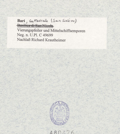 Rückseite von Bibliotheca Hertziana [https://www.deutsche-digitale-bibliothek.de/content/lizenzen/rv-fz/] CattedraleVierung, Querhaus und Apsiden - Südwestlicher Vierungspfeiler, bh480476_recto. Foto: Krautheimer, Richard?.