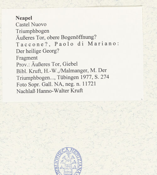 Rückseite von Sopr.BAS NA [https://www.deutsche-digitale-bibliothek.de/content/lizenzen/rv-ez/] Triumphbogen Alfonsos VDer heilige Georg? - Gesamtansicht, bh480733_recto. Foto.