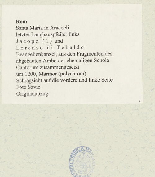 Rückseite von unbekannt [https://www.deutsche-digitale-bibliothek.de/content/lizenzen/rv-fz/] Evangelienkanzel, aus den Fragmenten des abgebauten Ambo der ehemaligen Schola Cantorum zusammengesetzt - Schrägsicht auf die vordere und linke Seite, bh482587_recto. Foto: Savio, Oscar.