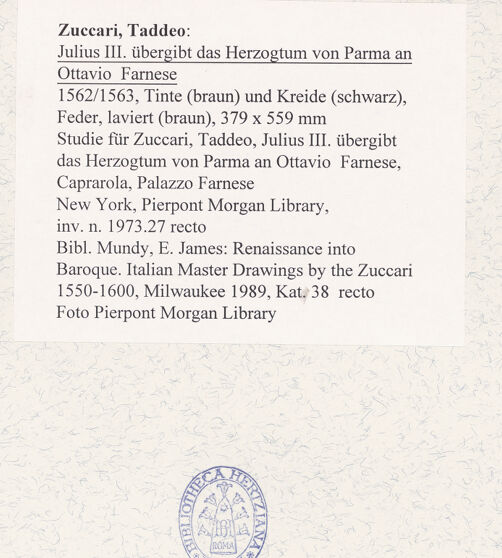 Rückseite von Pierpont Morgan Library [https://www.deutsche-digitale-bibliothek.de/content/lizenzen/rv-ez/] Julius III. übergibt das Herzogtum von Parma an Ottavio Farnese - , bh483055_recto. Foto.