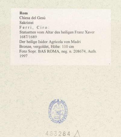 Rückseite von Sopr. BAS ROMA [https://www.deutsche-digitale-bibliothek.de/content/lizenzen/rv-ez/] Statuetten vom Altar des heiligen Franz XaverDer heilige Isidor Agricola von Madrid - , bh483284_recto. Foto.