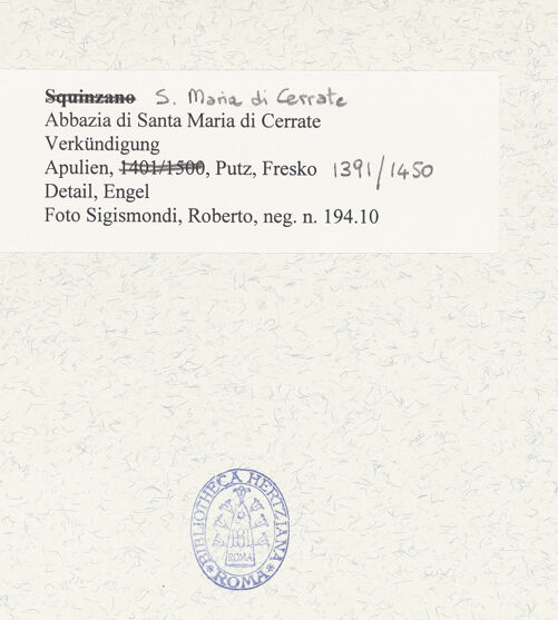 Rückseite von Sigismondi, Roberto [http://creativecommons.org/licenses/by-nc-sa/4.0/] Verkündigung. Heiliger Georg und der Drachen. Heiliger Eustachius oder Legende des Tankred von Lecce - Detail: Verkündigung, Engel, bh483410_recto. Foto: Sigismondi, Roberto.