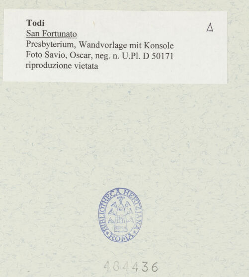 Rückseite von Bibliotheca Hertziana [https://www.deutsche-digitale-bibliothek.de/content/lizenzen/rv-fz/] San FortunatoChor - Presbyterium, Wandvorlage mit Konsole, bh484436_recto. Foto: Savio, Oscar.