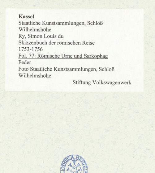 Rückseite von Staatliche Kunstsammlungen, Schloss Wilhelmshöhe [https://www.deutsche-digitale-bibliothek.de/content/lizenzen/rv-ez/] Skizzenbuch der römischen ReiseFol. 77: Römische Urne und Sarkophag - , bh484753_recto. Foto.
