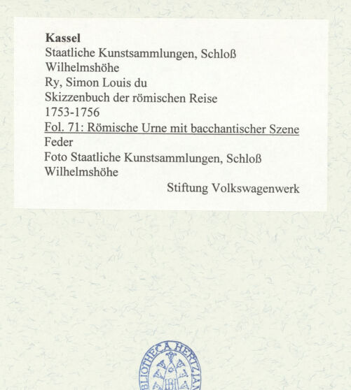 Rückseite von Staatliche Kunstsammlungen, Schloss Wilhelmshöhe [https://www.deutsche-digitale-bibliothek.de/content/lizenzen/rv-ez/] Skizzenbuch der römischen ReiseFol. 71: Römische Urne mit bacchantischer Szene - , bh484755_recto. Foto.