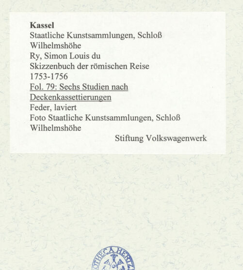Rückseite von Staatliche Kunstsammlungen, Schloss Wilhelmshöhe [https://www.deutsche-digitale-bibliothek.de/content/lizenzen/rv-ez/] Skizzenbuch der römischen ReiseFol. 79: Sechs Studien nach Deckenkassettierungen - , bh484764_recto. Foto.