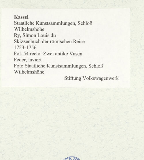 Rückseite von Staatliche Kunstsammlungen, Schloss Wilhelmshöhe [https://www.deutsche-digitale-bibliothek.de/content/lizenzen/rv-ez/] Skizzenbuch der römischen ReiseFol. 54 recto: Zwei antike Vasen - , bh484783_recto. Foto.