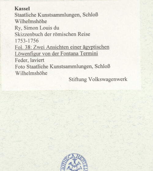 Rückseite von Staatliche Kunstsammlungen, Schloss Wilhelmshöhe [https://www.deutsche-digitale-bibliothek.de/content/lizenzen/rv-ez/] Skizzenbuch der römischen ReiseFol. 38: Zwei Ansichten einer ägyptischen Löwenfigur von der Fontana Termini - , bh484796_recto. Foto.