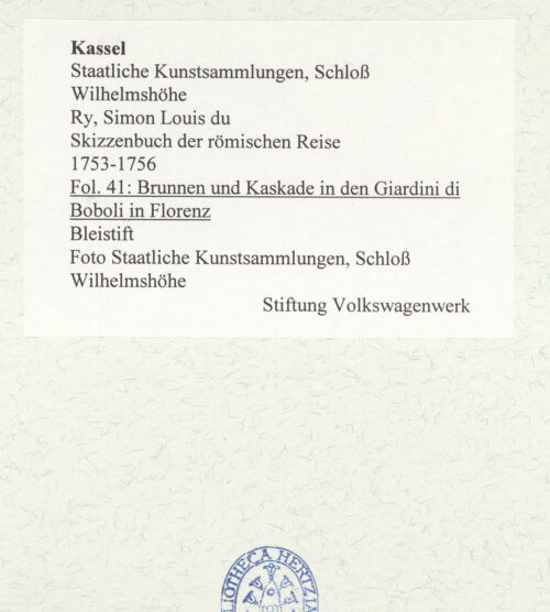 Rückseite von Staatliche Kunstsammlungen, Schloss Wilhelmshöhe [https://www.deutsche-digitale-bibliothek.de/content/lizenzen/rv-ez/] Skizzenbuch der römischen ReiseFol. 41: Brunnen und Kaskade in den Giardini di Boboli in Florenz - , bh484812_recto. Foto.