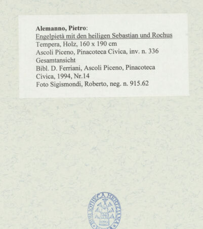 Rückseite von Sigismondi, Roberto [https://rightsstatements.org/page/CNE/1.0/] Engelpietà mit den heiligen Sebastian und Rochus - Gesamtansicht, bh485525_recto. Foto: Sigismondi, Roberto.
