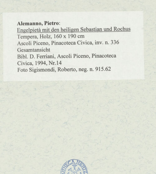 Rückseite von Sigismondi, Roberto [https://rightsstatements.org/page/CNE/1.0/] Engelpietà mit den heiligen Sebastian und Rochus - Gesamtansicht, bh485525_recto. Foto: Sigismondi, Roberto.