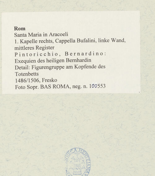 Rückseite von Sopr. BAS ROMA [https://www.deutsche-digitale-bibliothek.de/content/lizenzen/rv-ez/] Szenen aus dem Leben des heiligen Bernhardin von SienaExequien des heiligen Bernhardin - Detail: Figurengruppe am rechten Bildrand, nach der Restaurierung, bh485741_recto. Foto.