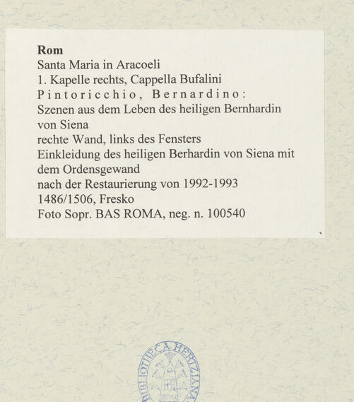 Rückseite von Sopr. BAS ROMA [https://www.deutsche-digitale-bibliothek.de/content/lizenzen/rv-ez/] Szenen aus dem Leben des heiligen Bernhardin von SienaEinkleidung des heiligen Berhardin von Siena mit dem Ordensgewand - nach der Restaurierung, bh485867_recto. Foto.