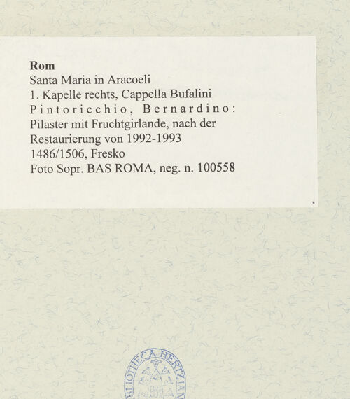 Rückseite von Sopr. BAS ROMA [https://www.deutsche-digitale-bibliothek.de/content/lizenzen/rv-ez/] Szenen aus dem Leben des heiligen Bernhardin von Siena - Pilaster mit Fruchtgirlande, nach der Restaurierung, bh486189_recto. Foto.