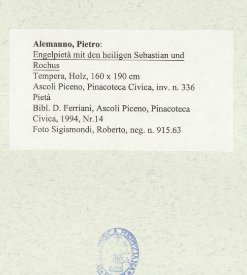 Rückseite von Sigismondi, Roberto [https://www.deutsche-digitale-bibliothek.de/content/lizenzen/rv-fz/] Engelpietà mit den heiligen Sebastian und Rochus - Pietà, bh486547_recto. Foto: Sigismondi, Roberto.