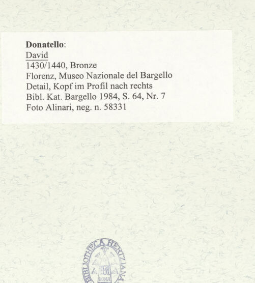 Rückseite von Alinari [https://www.deutsche-digitale-bibliothek.de/content/lizenzen/rv-ez/] David - Detail, Kopf im Profil nach rechts, bh487511_recto. Foto.