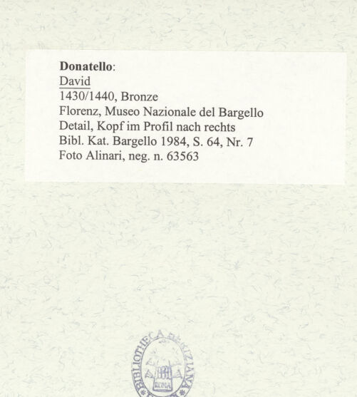 Rückseite von Alinari [https://www.deutsche-digitale-bibliothek.de/content/lizenzen/rv-ez/] David - Detail, Kopf im Profil nach rechts, bh487520_recto. Foto.