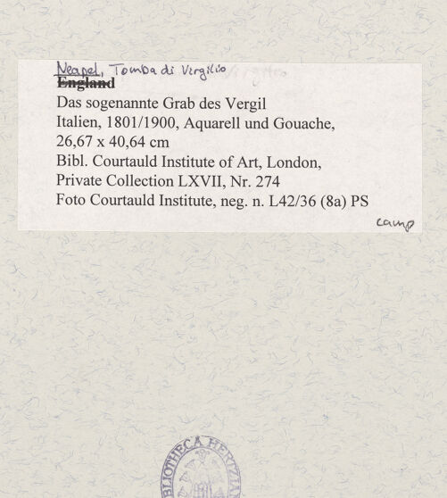 Rückseite von Courtauld Institute [https://www.deutsche-digitale-bibliothek.de/content/lizenzen/rv-ez/] Das sogenannte Grab des Vergil - Gesamtansicht, bh488224_recto. Foto.