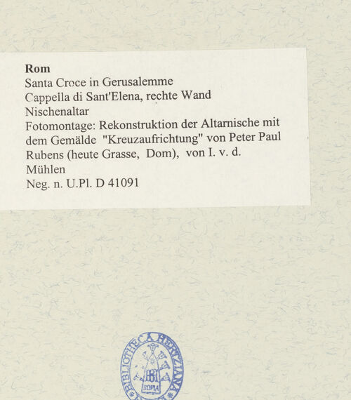 Rückseite von Bibliotheca Hertziana [https://www.deutsche-digitale-bibliothek.de/content/lizenzen/rv-fz/] Kreuzaufrichtung - Fotomontage: Rekonstruktion der Altarnische mit dem Gemälde "Kreuzaufrichtung" von Peter Paul Rubens (heute Grasse, Dom), von I. v. d. Mühlen, bh488698_recto. Foto.