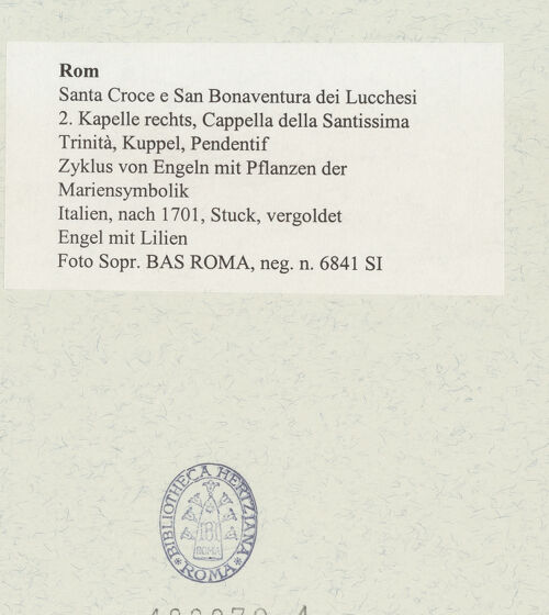 Rückseite von Sopr. BAS ROMA [https://www.deutsche-digitale-bibliothek.de/content/lizenzen/rv-ez/] Zyklus von Engeln mit Pflanzen der MariensymbolikEngel mit Lilien - , bh488872_recto. Foto.