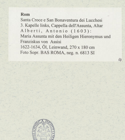 Rückseite von Sopr. BAS ROMA [https://www.deutsche-digitale-bibliothek.de/content/lizenzen/rv-ez/] Maria Assunta mit den Heiligen Hieronymus und Franziskus von Assisi - , bh488884_recto. Foto.