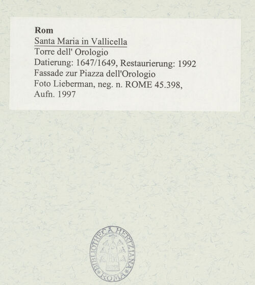 Rückseite von Lieberman [https://www.deutsche-digitale-bibliothek.de/content/lizenzen/rv-ez/] Santa Maria in VallicellaTorre dell' Orologio - Fassade zur Piazza dell'Orologio, bh488913_recto. Foto.