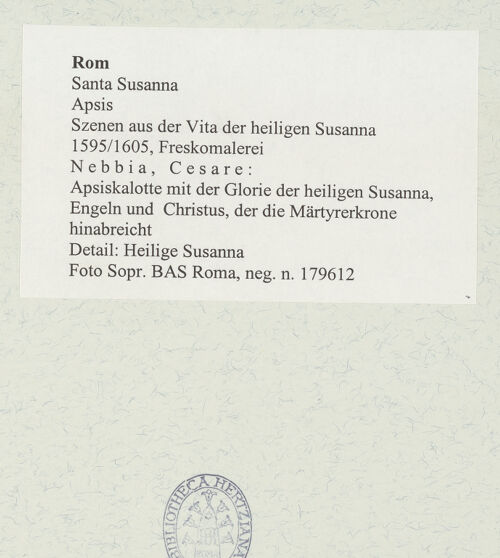 Rückseite von Sopr. BAS Roma [https://rightsstatements.org/page/CNE/1.0/] Szenen aus der Vita der heiligen SusannaApsiskalotte mit der Glorie der heiligen Susanna, Engeln und Christus, der die Märtyrerkrone hinabreicht - Detail: heilige Susanna, bh489081_recto. Foto.