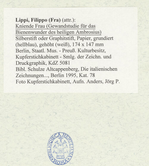 Rückseite von Kupferstichkabinett [https://www.deutsche-digitale-bibliothek.de/content/lizenzen/rv-ez/] Kniende Frau (Gewandstudie für das Bienenwunder des heiligen Ambrosius von Fra Filippo Lippi im Gemäldegalerie in Berlin) - , bh490657_recto. Foto: Anders, Jörg P..