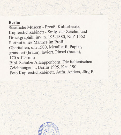 Rückseite von Kupferstichkabinett [https://www.deutsche-digitale-bibliothek.de/content/lizenzen/rv-ez/] Portrait eines Mannes im Profil - , bh490866_recto. Foto: Anders, Jörg P..