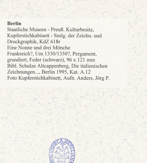 Rückseite von Kupferstichkabinett [https://www.deutsche-digitale-bibliothek.de/content/lizenzen/rv-ez/] Eine Nonne und drei Mönche, von denen zwei ihr Gesicht verbergen - , bh490871_recto. Foto: Anders, Jörg P..