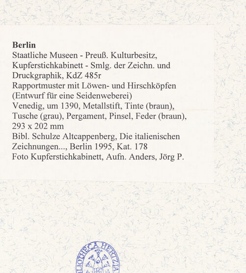 Rückseite von Kupferstichkabinett [https://www.deutsche-digitale-bibliothek.de/content/lizenzen/rv-ez/] Rapportmuster mit Löwen- und Hirschköpfen (Entwurf für die Seidenweberei) - , bh490882_recto. Foto: Anders, Jörg P..