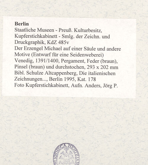 Rückseite von Museum [https://www.deutsche-digitale-bibliothek.de/content/lizenzen/rv-ez/] Der Erzengel Michael auf einer Säule und andere Motive (Entwurf für eine Seidenweberei) - , bh491871_recto. Foto: Anders, Jörg P..