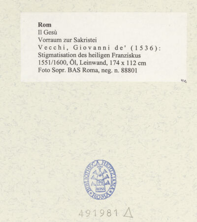 Rückseite von Sopr. BAS Roma [https://www.deutsche-digitale-bibliothek.de/content/lizenzen/rv-ez/] Stigmatisation des heiligen Franziskus - , bh491981_recto. Foto.