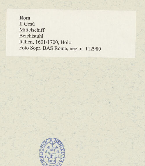 Rückseite von Sopr. BAS Roma [https://www.deutsche-digitale-bibliothek.de/content/lizenzen/rv-ez/] Beichtstuhl - , bh491994_recto. Foto.