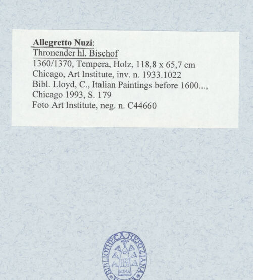 Rückseite von Art Institute [https://www.deutsche-digitale-bibliothek.de/content/lizenzen/rv-ez/] Thronender heiliger Bischof - , bh492006_recto. Foto.