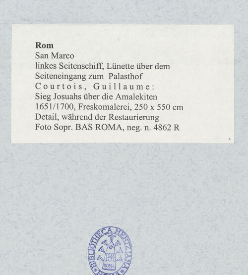 Rückseite von Sopr. BAS ROMA [https://www.deutsche-digitale-bibliothek.de/content/lizenzen/rv-ez/] Sieg Josuahs über die Amalekiten - Detail, während der Restaurierung, bh492447_recto. Foto.