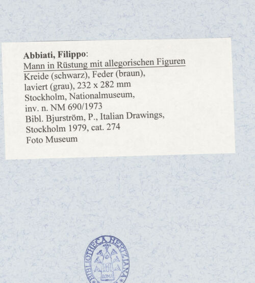 Rückseite von Nationalmuseum [https://www.deutsche-digitale-bibliothek.de/content/lizenzen/rv-ez/] Mann in Rüstung mit allegorischen Figuren - , bh492573_recto. Foto.