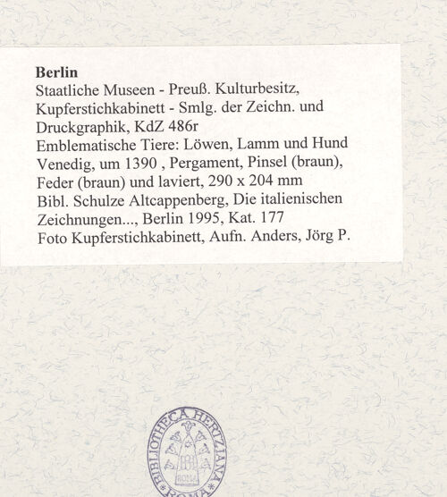 Rückseite von Museum [https://www.deutsche-digitale-bibliothek.de/content/lizenzen/rv-ez/] Emblematische Tiere: Löwen, Lamm und Hund - , bh492729_recto. Foto: Anders, Jörg P..