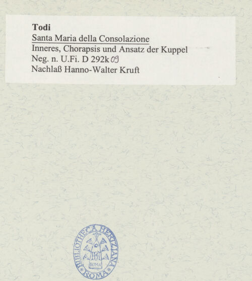 Rückseite von Bibliotheca Hertziana [https://www.deutsche-digitale-bibliothek.de/content/lizenzen/rv-fz/] Santa Maria della Consolazione - Inneres, Teilansicht des Obergeschosses der Südapsis und Kalotte der Ostapsis sowie Kuppelansatz, bh492948_recto. Foto.