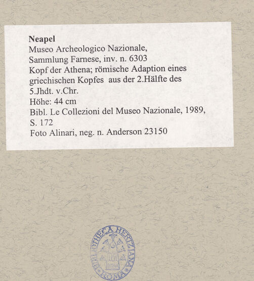 Rückseite von Alinari [https://www.deutsche-digitale-bibliothek.de/content/lizenzen/rv-ez/] Kopf der Athena, römische Adaption eines griechischen Kopfes aus der 2. Hälfte des 5. Jahrhunderts v. Chr. - Gesamtansicht, bh493003_recto. Foto.