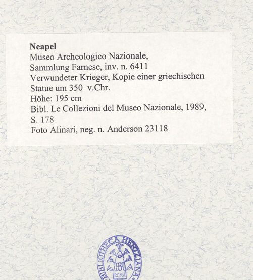 Rückseite von Alinari [https://www.deutsche-digitale-bibliothek.de/content/lizenzen/rv-ez/] Verwundeter Krieger, Kopie einer griechischen Statue um 350 v.Chr. - Gesamtansicht, bh493017_recto. Foto.