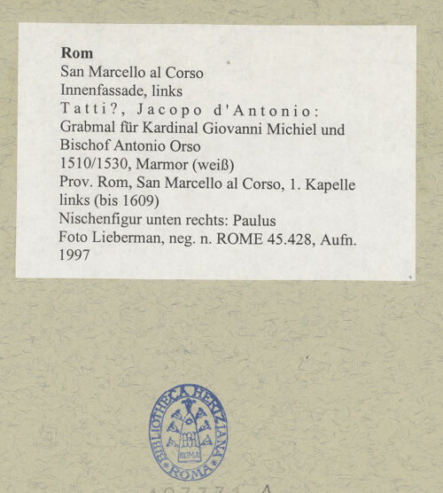 Rückseite von Lieberman [https://www.deutsche-digitale-bibliothek.de/content/lizenzen/rv-ez/] Grabmal für Kardinal Giovanni Michiel und Bischof Antonio Orso - Rechter Pilaster, Nischenfigur: Hl. Paulus, bh493331_recto. Foto.