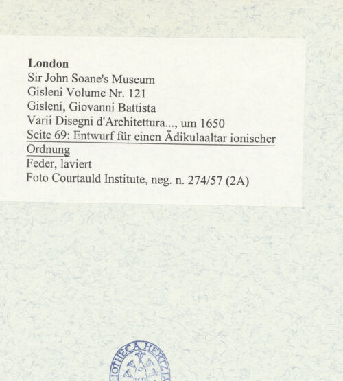 Rückseite von Courtauld Institute [https://www.deutsche-digitale-bibliothek.de/content/lizenzen/rv-ez/] Varii Disegni d'Architettura...Seite 69: Entwurf für einen Ädikulaaltar ionischer Ordnung - , bh493452_recto. Foto.