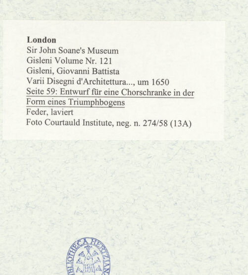 Rückseite von Courtauld Institute [https://www.deutsche-digitale-bibliothek.de/content/lizenzen/rv-ez/] Varii Disegni d'Architettura...Seite 59: Entwurf für eine Chorschranke in der Form eines Triumphbogens - , bh493460_recto. Foto.