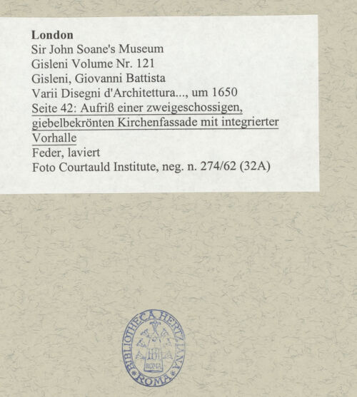 Rückseite von Courtauld Institute [https://www.deutsche-digitale-bibliothek.de/content/lizenzen/rv-ez/] Varii Disegni d'Architettura...Seite 42: Aufriss einer zweigeschossigen, giebelbekrönten Kirchenfassade mit integrierter Vorhalle - , bh493471_recto. Foto.
