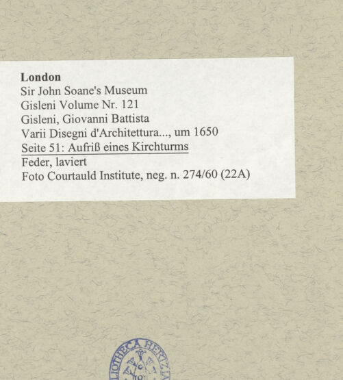 Rückseite von Courtauld Institute [https://www.deutsche-digitale-bibliothek.de/content/lizenzen/rv-ez/] Varii Disegni d'Architettura...Seite 51: Aufriss eines Kirchturms - , bh493473_recto. Foto.