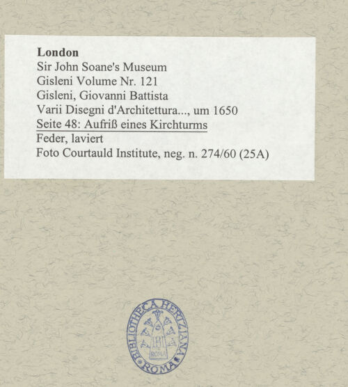 Rückseite von Courtauld Institute [https://www.deutsche-digitale-bibliothek.de/content/lizenzen/rv-ez/] Varii Disegni d'Architettura...Seite 48: Aufriss eines Kirchturms - , bh493475_recto. Foto.